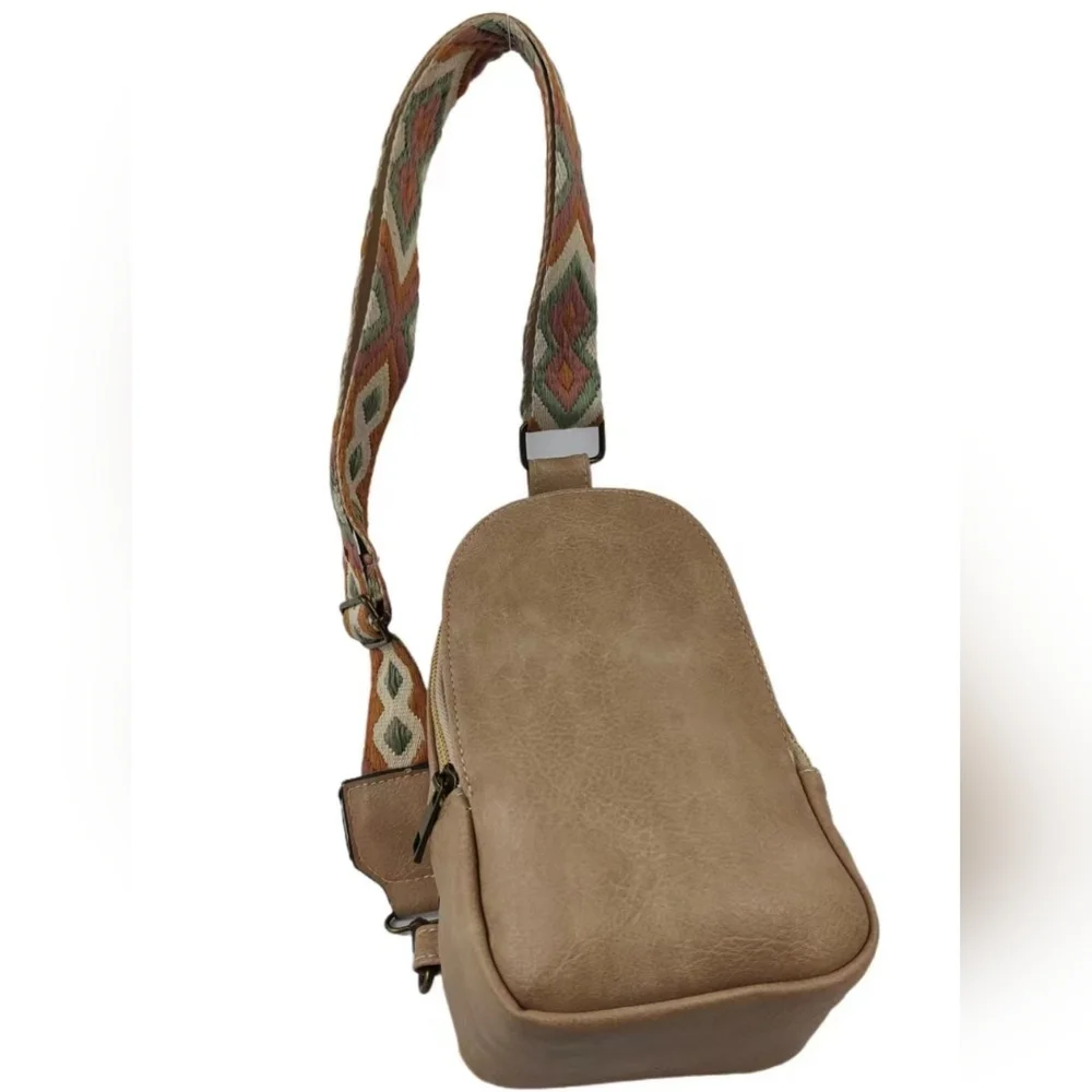 Vegan Leather Crossbody Sling Bag Shoulder Purse Convertible Wide Guitar Strap